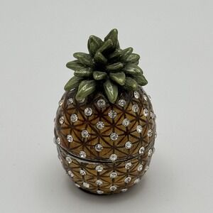 Vintage 1990s Pineapple Bejeweled Enameled Petite Metal Trinket‎ Or Pill Box